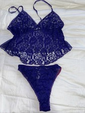 VTG Victoria's Secret 70s PURPLE Satin Lace Camisole Set Lingerie Gold Label M/L