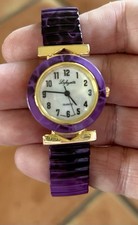 Lafayette MOP Dial Round Gold Tone Case Purple Black Stretch Band Watch New
