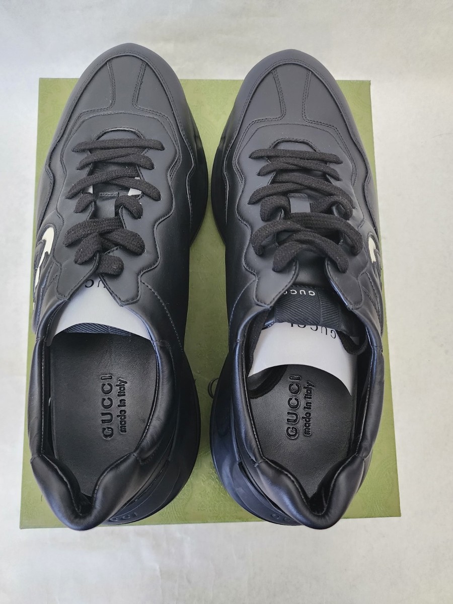 Gucci Black Rhyton Leather Sneakers With Side Interlocking GG Logo