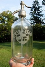 Rare A.M. BRITT ~ WESTERN HANDBLOWN FOOTED SELTZER BOTTLE ~ RENO, NEVADA SIPHON