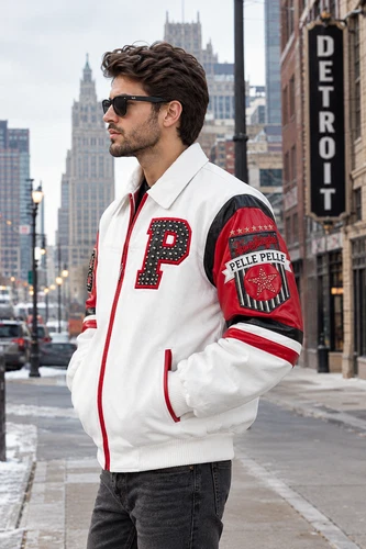 Men’s White and Red Leather Varsity Jacket, Studded Letterman Bomber Jacket image 2