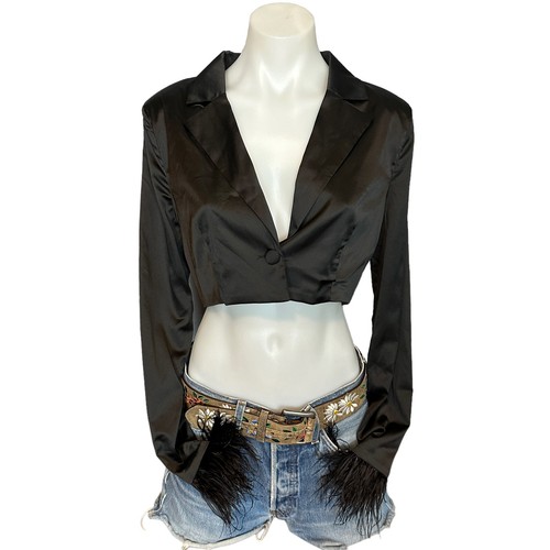 Revolve Black Crop Blazer Top MEDIUM Bolero Satin Feathers More to Come $80 NEW - Picture 5 of 8