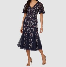 Adrianna by Adrianna Papell Women's Blue Beaded Mesh MIDI Dress Size 2