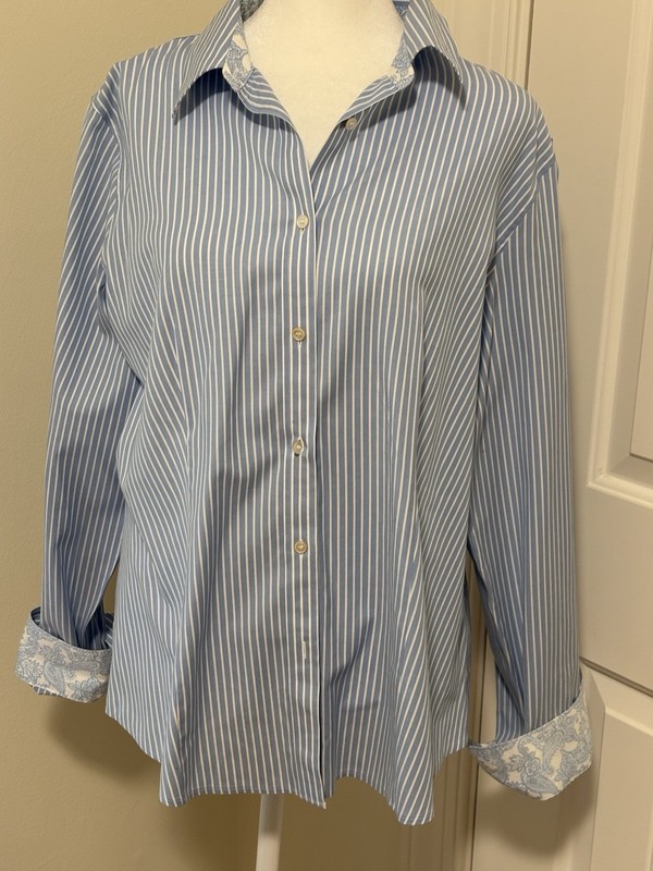 Talbots Light Blue Pinstripe Button Down Blouse with Paisley Cuffs Women's