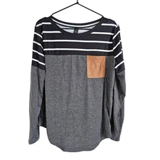 Shein Womens Sz XL Long Sleeve T Shirt Black White Striped Suede Pocket