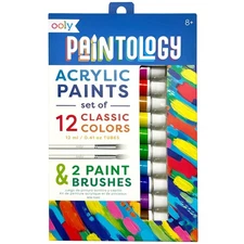 OOLY: Paintology Acrylic Paint Set - 12 Classic Colors, 2 Paint Brushes, Ages 8+