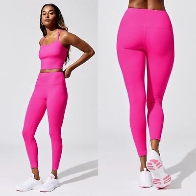 carbon38 ribbed 7/8 high waisted leggings S hot pink angle length yoga work  