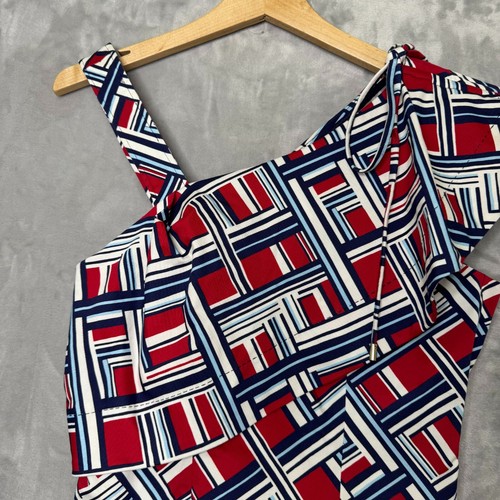 Top Tallado Mujer US 6 Francés 38 Rojo Blanco Azul Geométrico Volantes Atado Hombro - Imagen 4 de 15