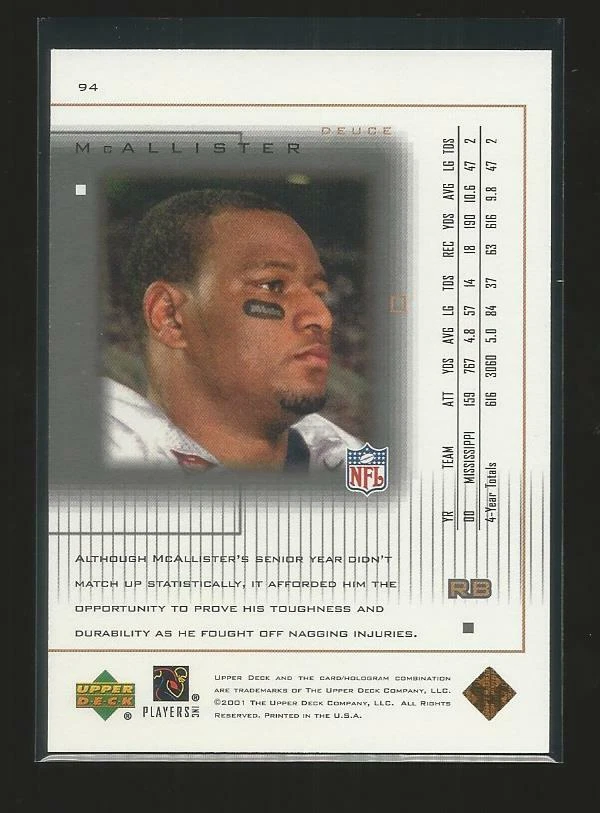 2001 Upper Deck Pros & Prospects Deuce McAllister Saints #94 Rookie Sp 0629/1000 - Image 2 of 2
