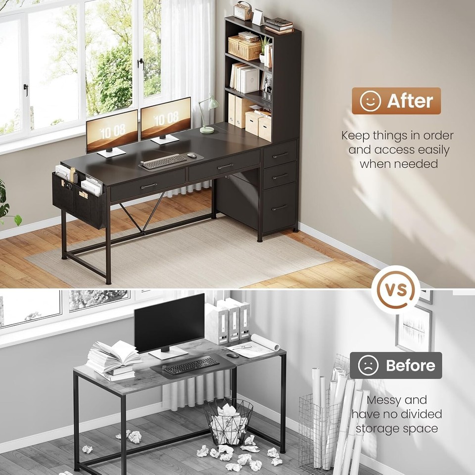 Pc Desk Ebay Computer Desk with 5 Drawers and Bookshelf, Home Office Desk with LED ...