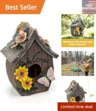 Hand-Painted Hanging Bird House - Beautiful Butterfly and Flowers Welcome Design