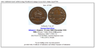 1908 J GERMAN EAST AFRICA King WILHELM II Antique Crown OLD 1