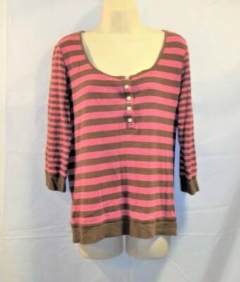 Route 66 Womens Top Shirt Size L Striped Partial Button Scoop Neck Pink Brown