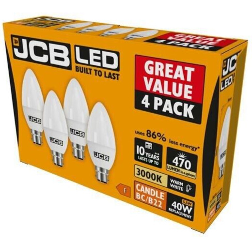 4x JCB Candle LED Lamp Light Bulb 5.5W (40W) 3000K B22 (BC) 470lm - Warm White