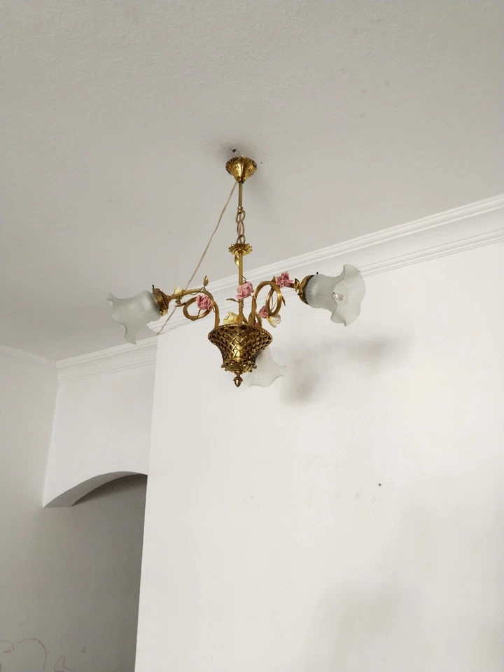 Lámpara de araña de latón antigua francesa vintage 3 brazos de vidrio luces araña de cristal S Foto 2 de 4