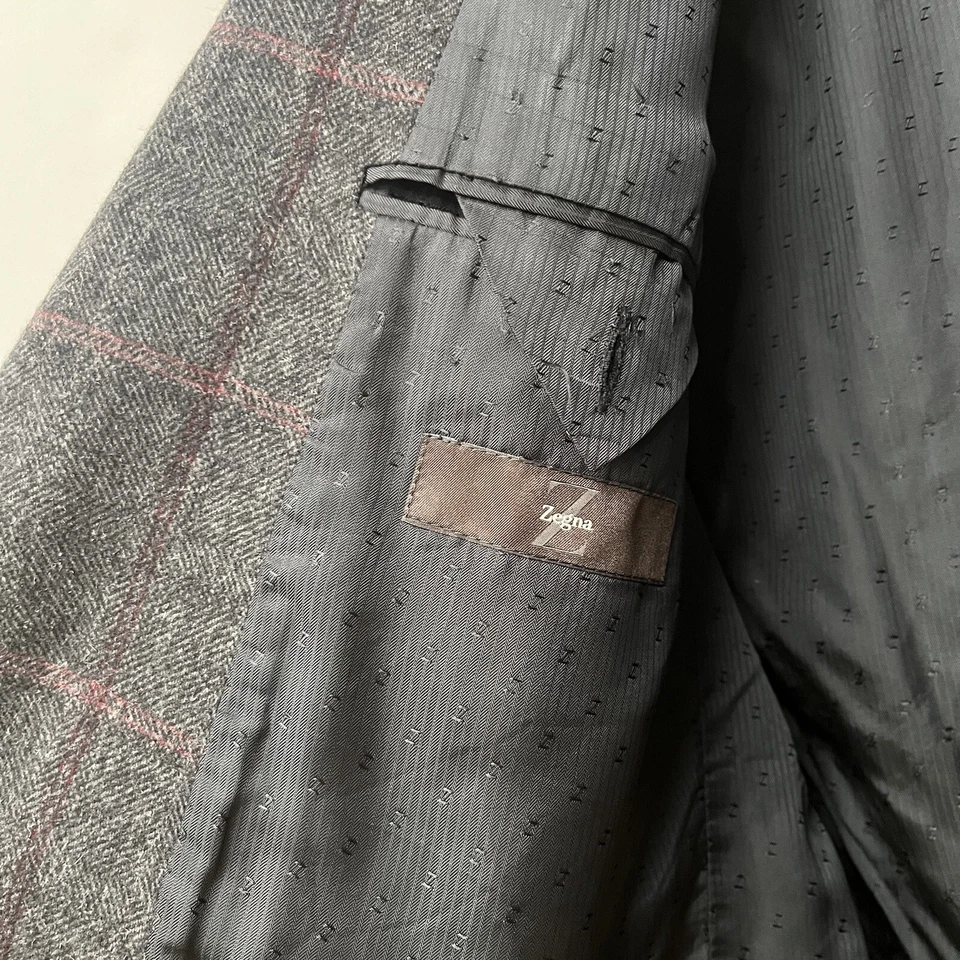 Z Zegna Mens Blazer Red Black Silk Angora Window Pane Shadow Herringbone 46R - Image 4 of 4