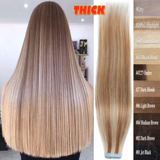 BEST Hair Extensions Tape In Skin Weft 100% Remy Human Hair Full Head THICK 200G