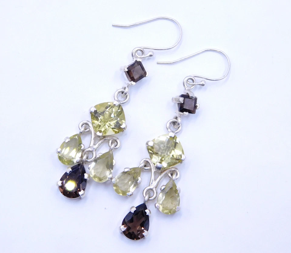 Серьги из стерлингового серебра 925 пробы с натуральным лимонным кварцем и дымчатыми драгоценными камнями 10,3 г - Изображение 4 из 4