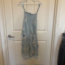 Hot & Delicious NWT Denim Dress Distressed Strappy BodyCon Large Blue Pockets