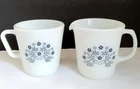 Vintage Pyrex 1 Creamer Pitcher & 1 Cup  Milk Glass Blue Flowers Pattern Corning