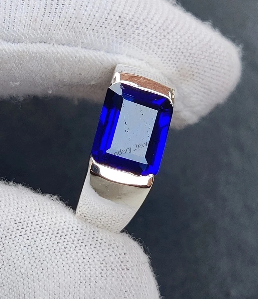 Piedra preciosa de zafiro azul natural con anillo hecho a mano de plata de ley 925 para hombre Foto 3 de 4