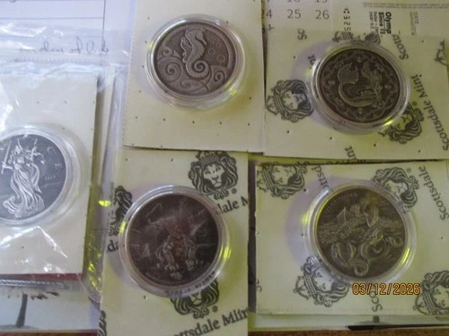 5 1 ounce .999 fine silver antiqued rounds all different in capsules 5 oz total