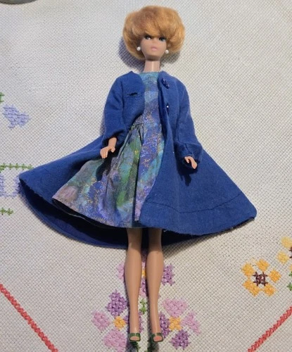 Vintage 1960s Barbie Clone / Mommy Made outfit DRESS & blue A-LINE COAT clothes