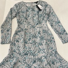 Banana Republic Gray Teal Blue Floral Drop Flare Hem Dress Long Sleeve Size 0