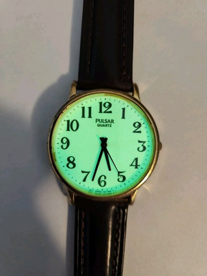 #ad #ad Pulsar Quartz Men#x27;s Luminous Dial Brown Leather Gold Case Watch $25.00