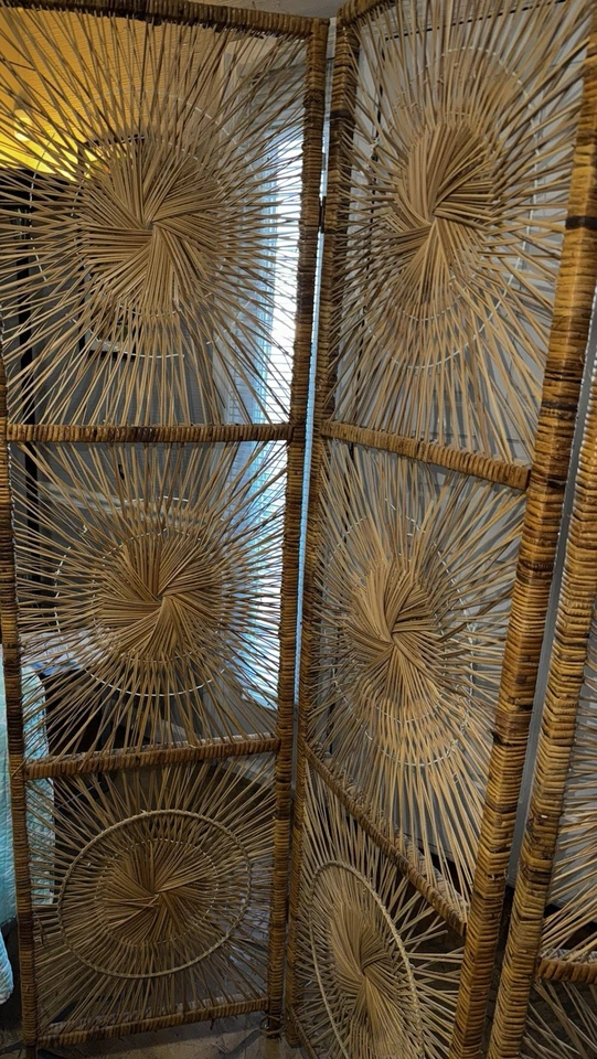 70s Vintage MCM Mid Century Wicker Sunburst 3 Panel Room Divider Screen Boho BL - Image 3 of 4