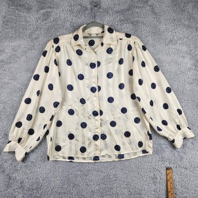 Vintage Evan Picone Blouse Womens 8 White Polka Dot Satin Puff Sleeve 80s Japan