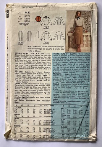 Butterick 6828 Sewing Pattern Vintage Blouse, Lined Jacket, Pleated Skirt 16 - Picture 2 of 3