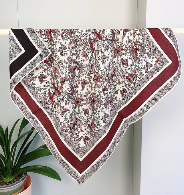 70% Cashmere 30% Silk Shawl 26'' peony Print Neckerchief Scarf Bandanna Wrap