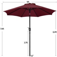 9FT Patio Umbrella 8 Ribs Market Umbrella w Push Button Tilt and Crank, Burgundy