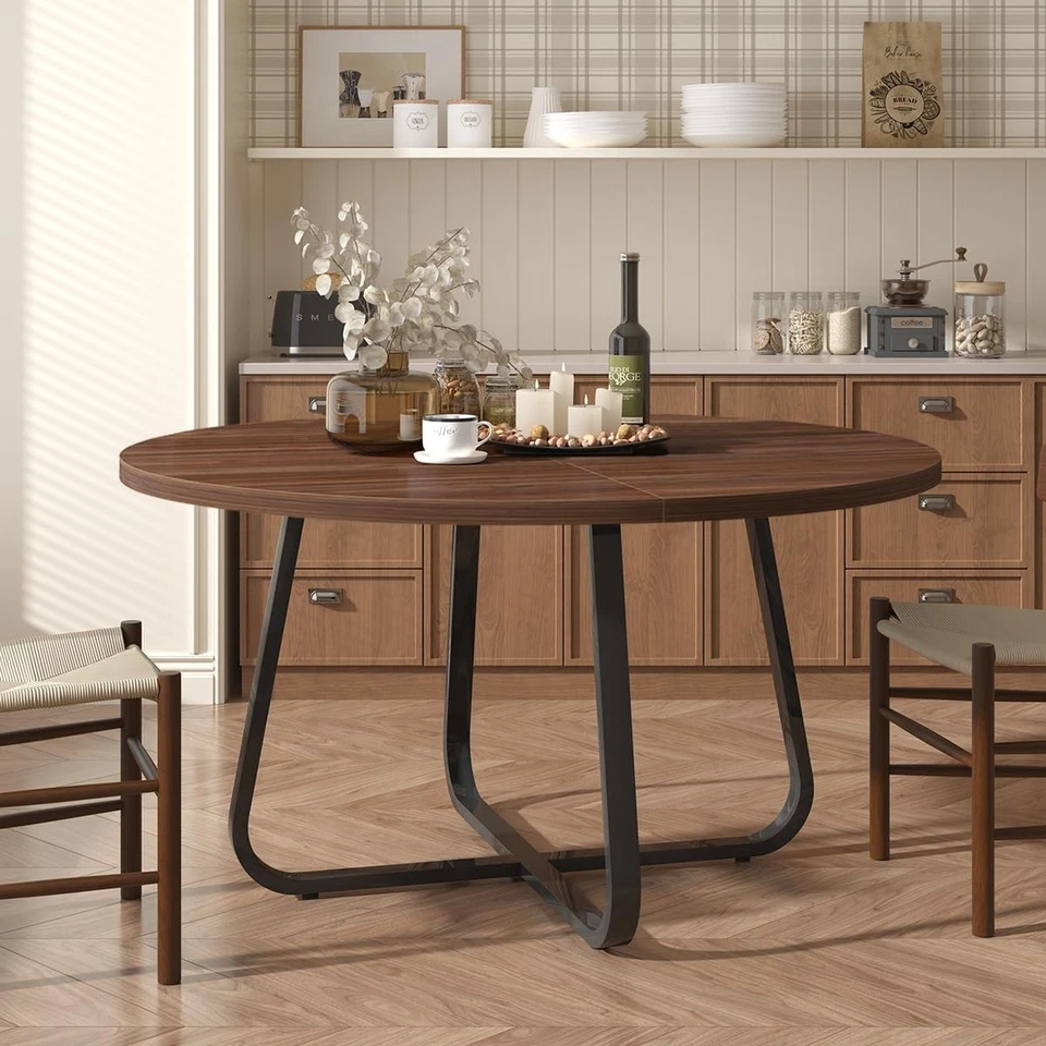 Round Walnut Dining Table 4-6 Seater Wood Metal Kitchen Home 130cm - Image 3 of 4