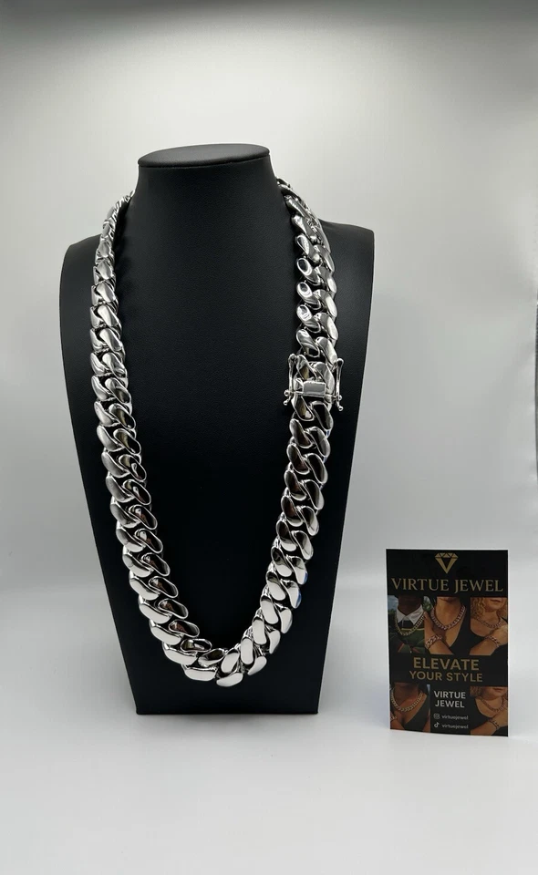 Collar de cadena enchapado en plata de eslabones cubanos Miami de 20 mm bloqueo regular de 18 k y 14 k Foto 2 de 4