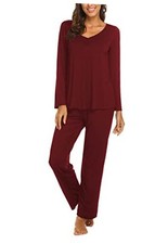 Womens Pajama Sets 2 Piece Lounge Set Fall Winter Pajamas Long Medium Wine Red