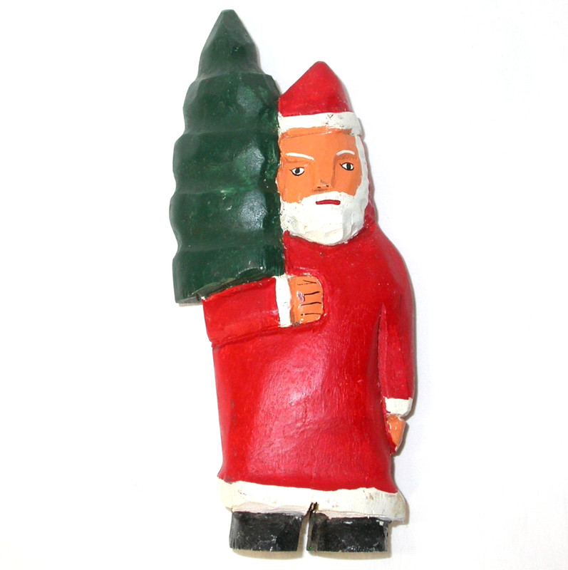 Primitive Hand Carved Wooden Santa Claus with Christmas Tree Folk Art Decoration