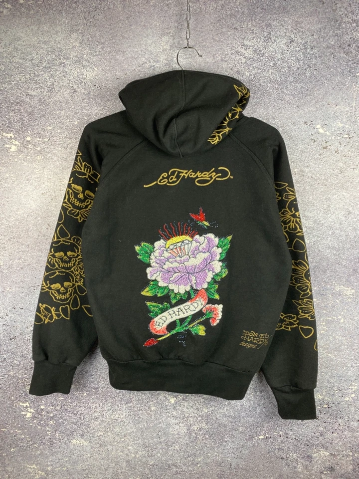 Sudadera con capucha vintage Y2K Ed Hardy negra con cremallera para mujer talla M Foto 2 de 4