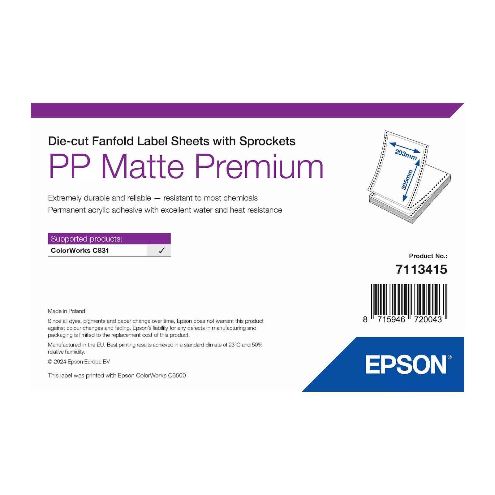 Original Epson PP Matte Premium 203mm x 305mm Die-cut Fanfold Label Sheets with