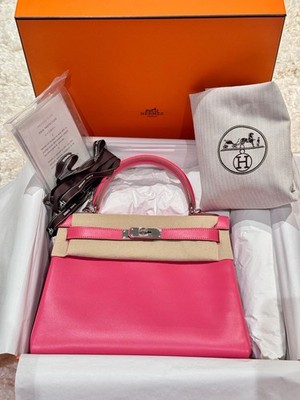 Authentic New HERMÈS  KELLY 28 Rose Lipstick pink Palladium PHW Tadelakt Leather