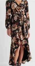 Express Black Floral V-Neck Long Sleeve Wrap Maxi Dress Tie Lined Size S