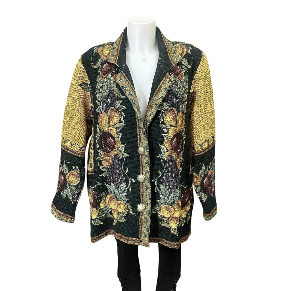 Arazzo dipinto pony raccolta frutta bottoni colletto dentellato giacca vintage OS