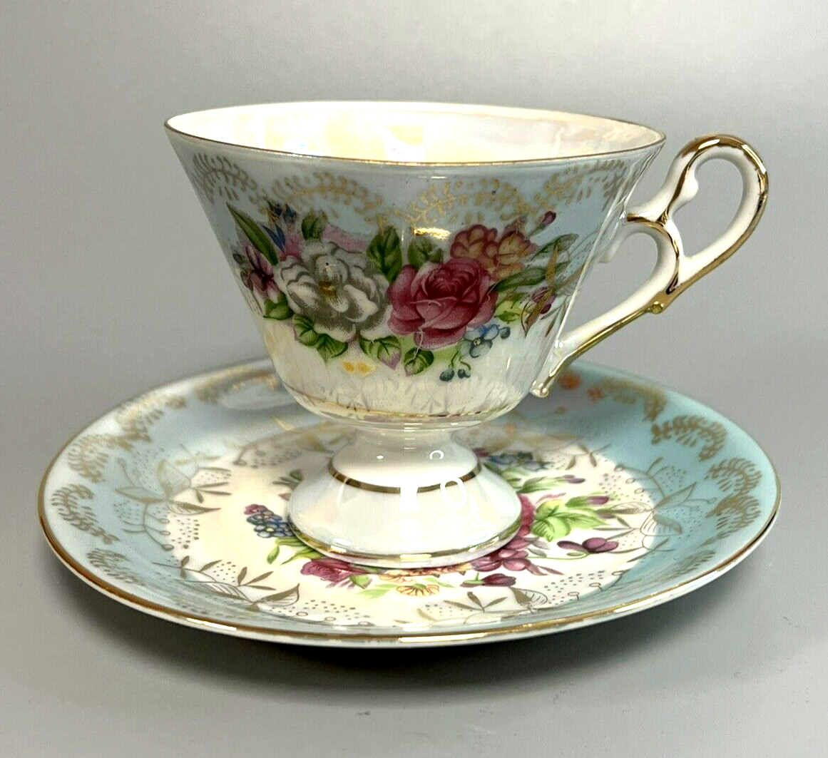 Norcrest Teacup & Saucer C249 Floral Pattern Iridescent Pearl