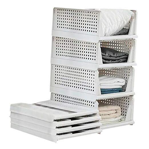 Folding Wardrobe Storage Box 4-Pack Plastic Drawer Organizer Stackable White-image