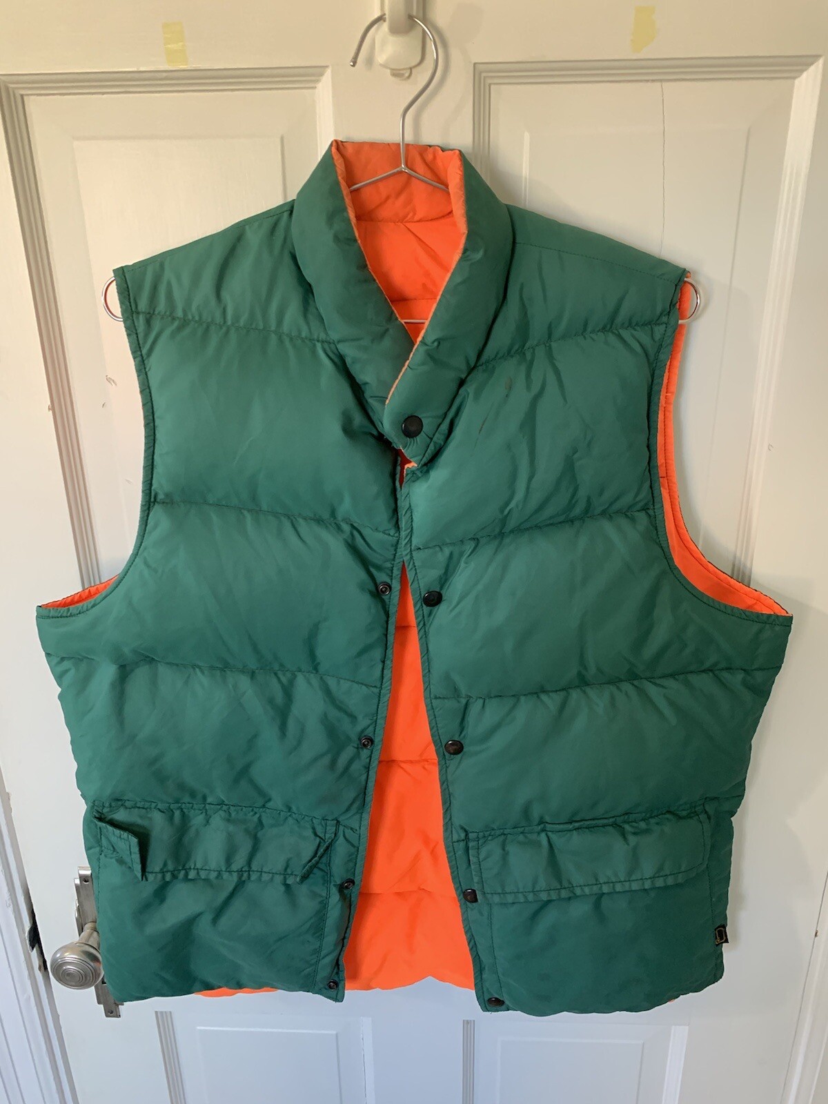 VTG Woolrich Puffer Vest Green & Orange Mens Medium Goose Down Filled Button