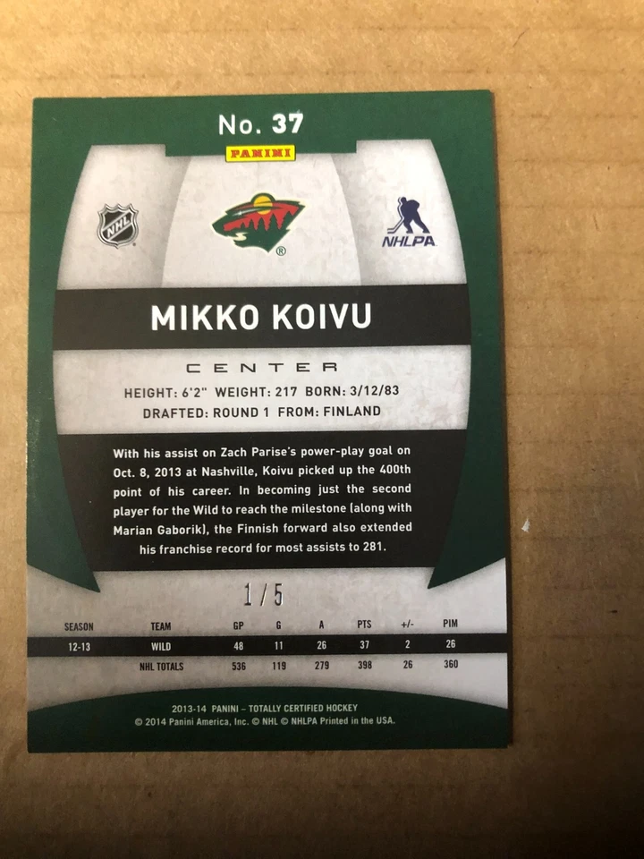 2013-14 Totally Certified Mirror Platinum Gold #37 Mikko Koivu 1/5 - Image 2 of 2