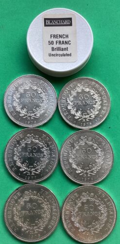 French 50 Francs 6 coin set 1974, '75, '76, ‘77, ‘78, ‘79  .900 Silver Hercules - Afbeelding 1 van 5