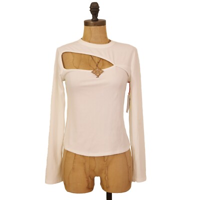 Open Edit Cutout Front Mock Neck Top Size S Long Sleeve Ribbed Ivory NWT B57