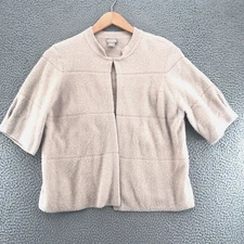 Chicos Sweater Womens 2 US Large Beige Cardigan Open 1/2 Sleeves Fuzzy Casual*